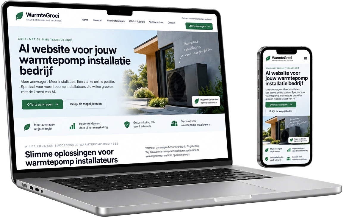 Voorbeeld van een warmtepomp-website op laptop en telefoon